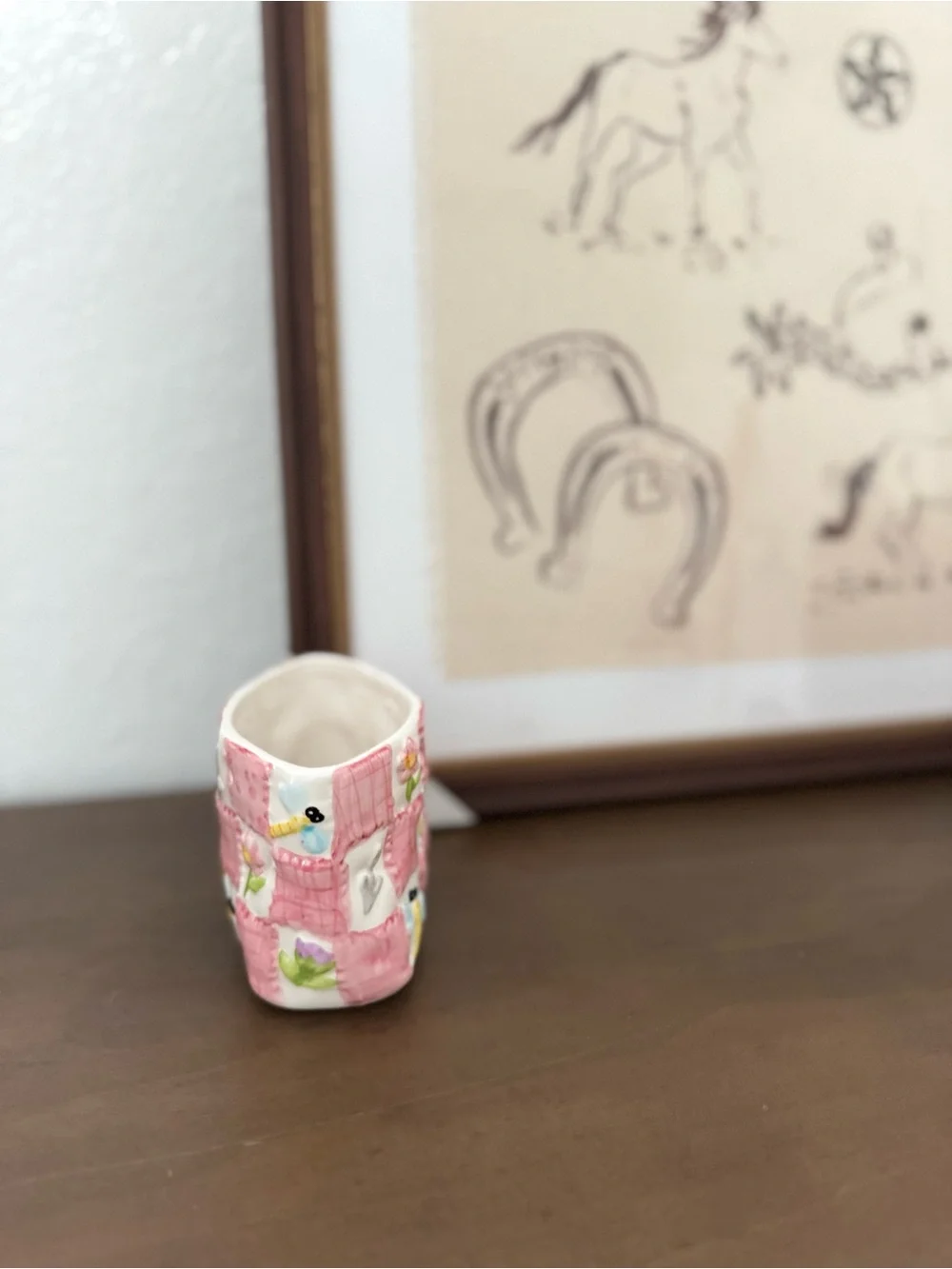 Vintage Pink Patchwork Ceramic Planter Mini Pot